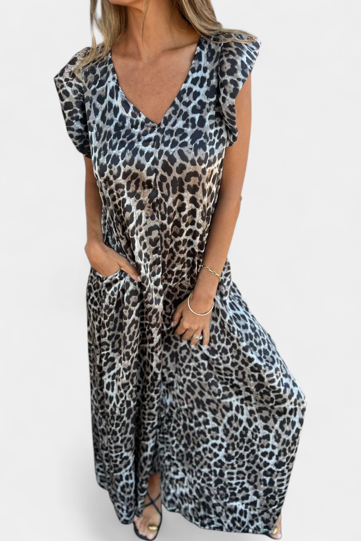 Isela Jumpsuit di Collo a V con Stampa di Leopardo