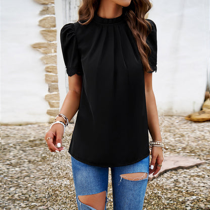 Audrey – Blusa in pizzo con Collo alto Plissettato