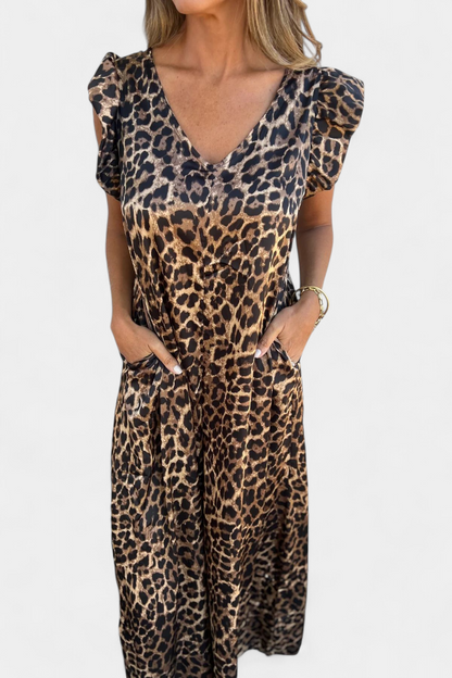 Isela Jumpsuit di Collo a V con Stampa di Leopardo