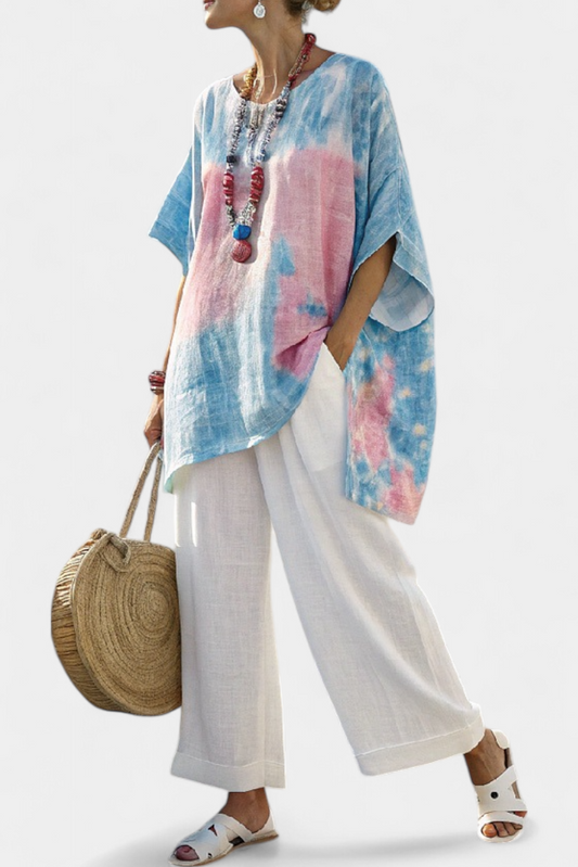 Vantrel | Blusa in lino Comoda e Rilassata & Pantaloni di Bambù a Righe
