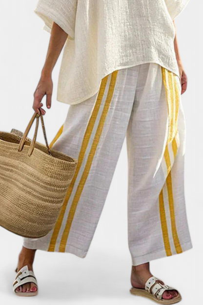 Anselor | Elegante Top di Lino a Righe gialle e Pantaloni a gamba larga