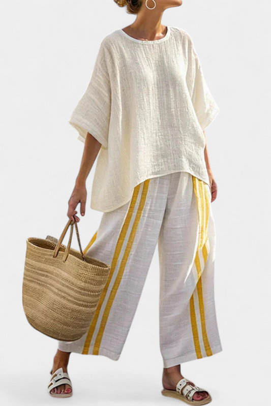 Anselor | Elegante Top di Lino a Righe gialle e Pantaloni a gamba larga