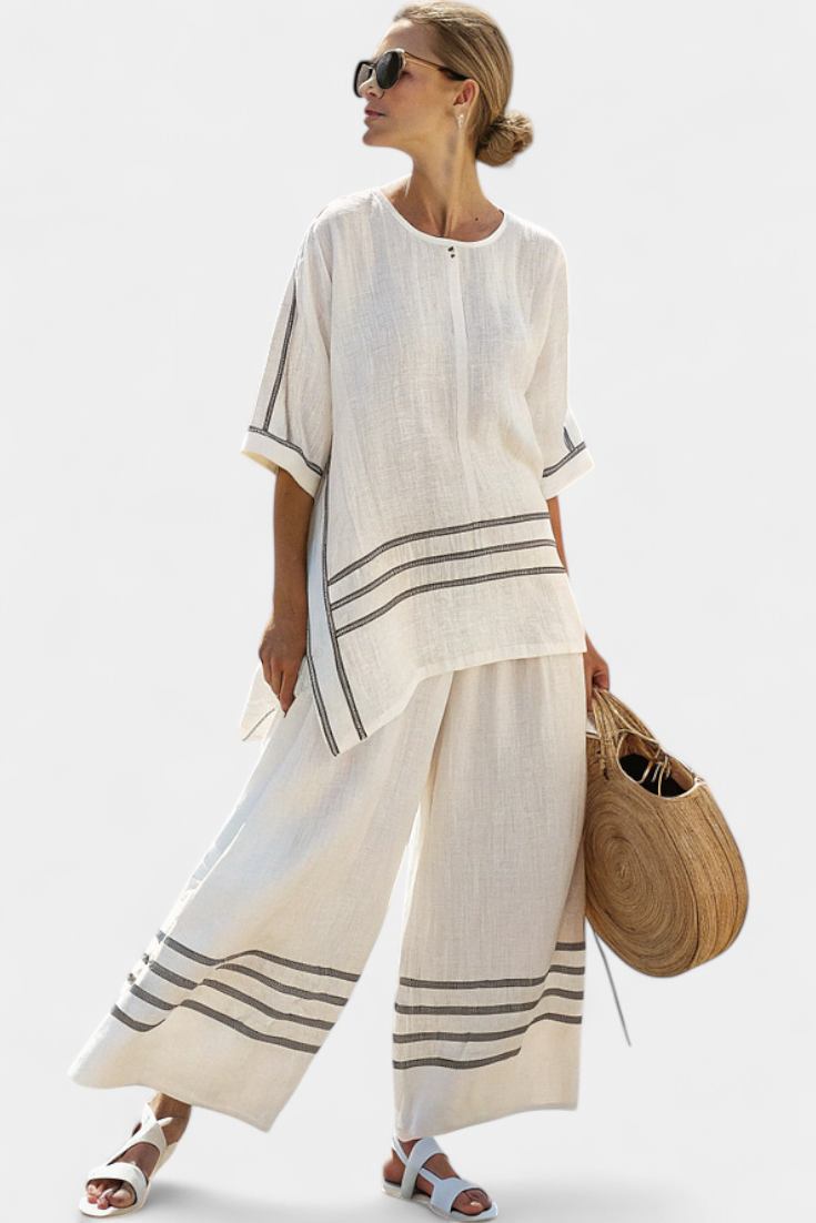 Set Chic a Righe - Pantalone lungo e Blusa Asimmetrica per Donna