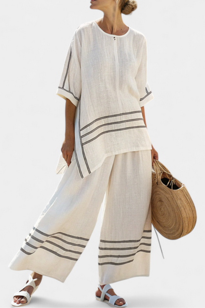 Set Chic a Righe - Pantalone lungo e Blusa Asimmetrica per Donna
