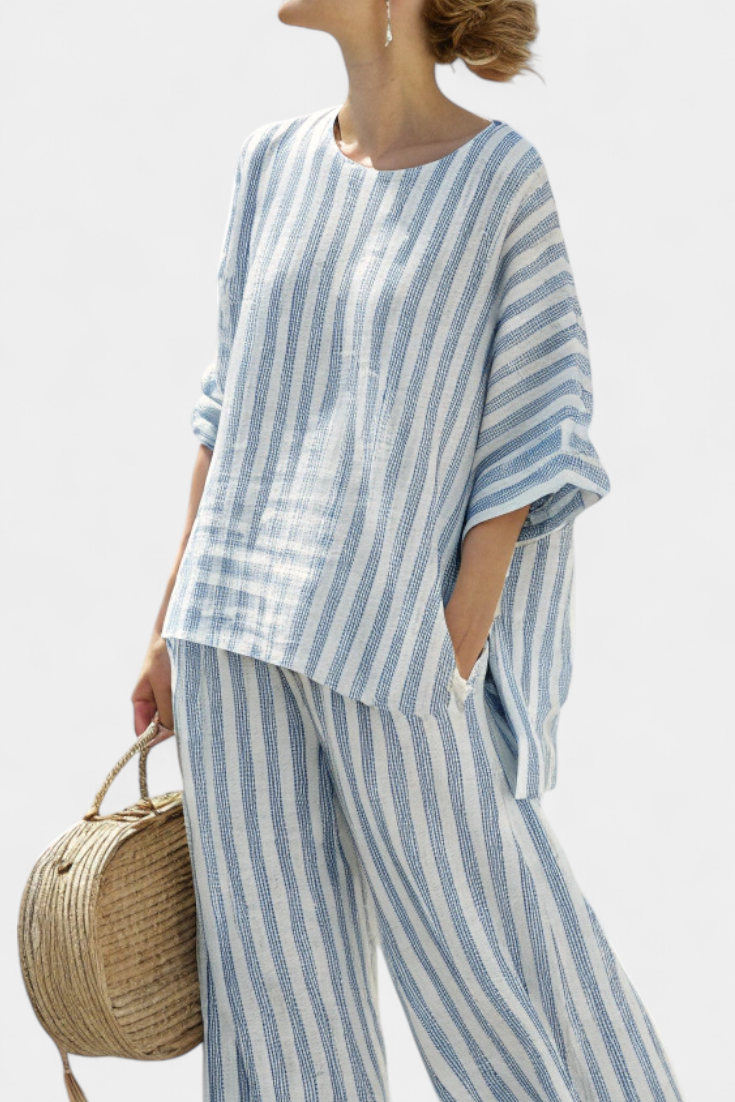 Rensleigh | Top di lino blu a righe sofisticato e pantaloni relajados
