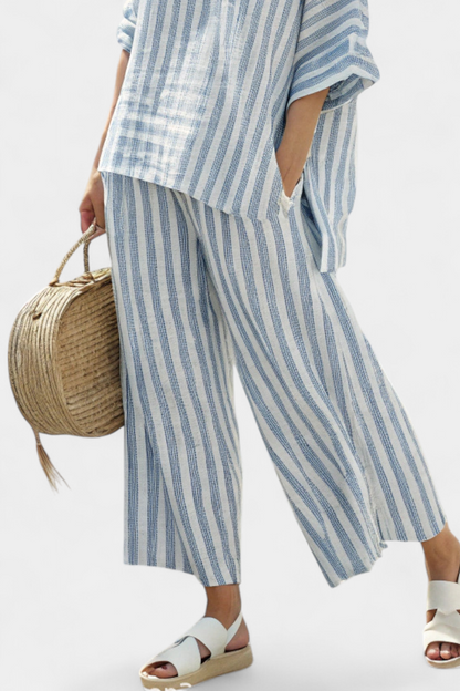 Rensleigh | Top di lino blu a righe sofisticato e pantaloni relajados