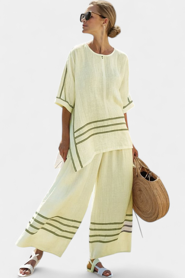 Set Chic a Righe - Pantalone lungo e Blusa Asimmetrica per Donna