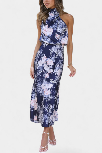 Lisa Abito maxi Floreale con Collo halter e Vita Elástica