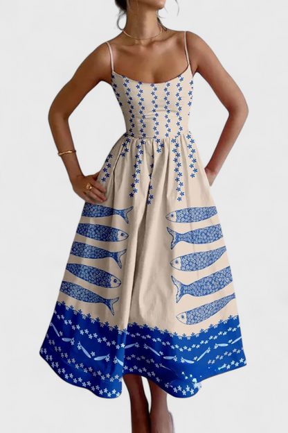 Maricela Abito Vintage con Spalline e Stampa di Sardinas
