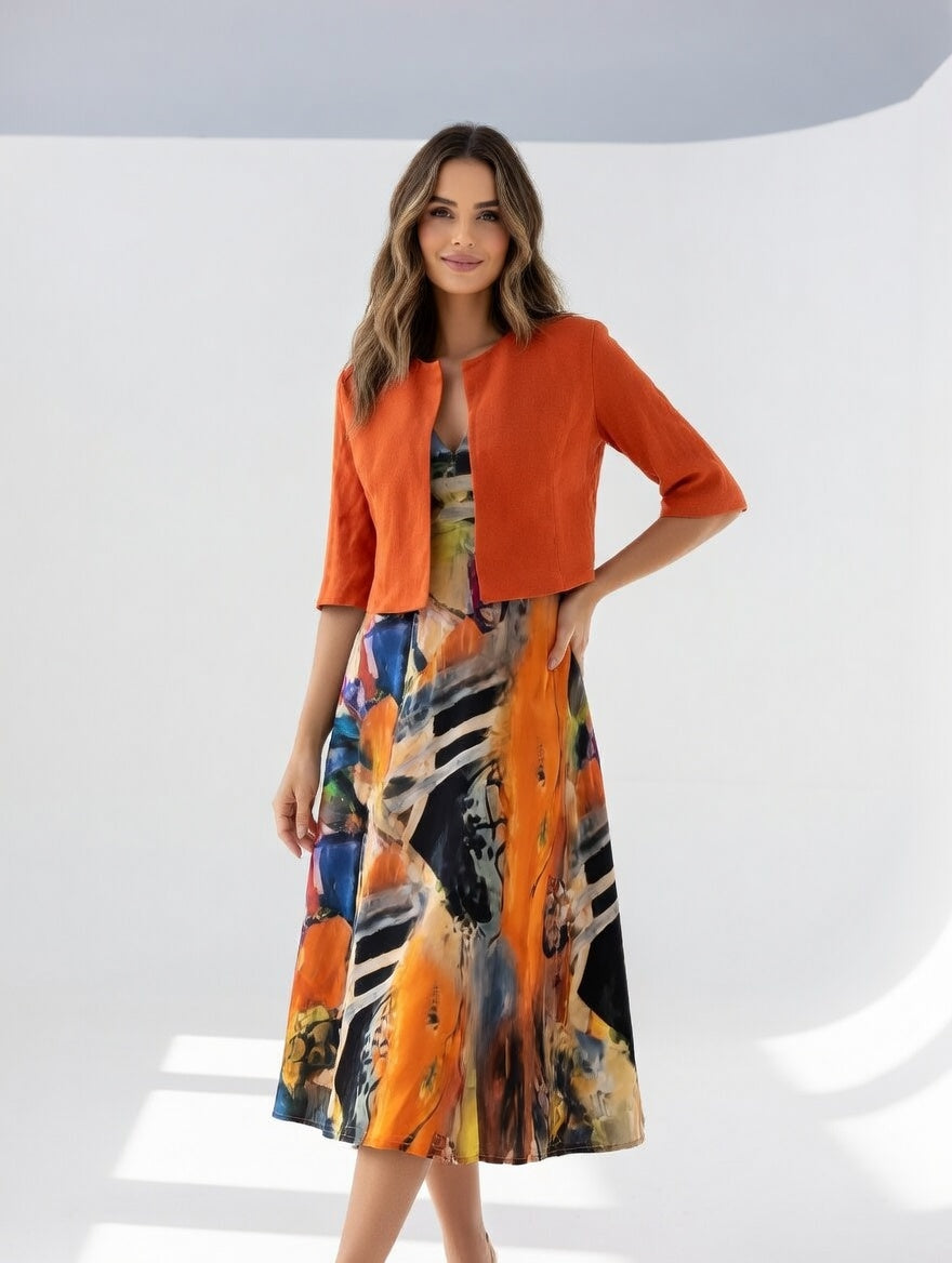Abito midi Fluido con Bolero - Stampa Artistico Elegante