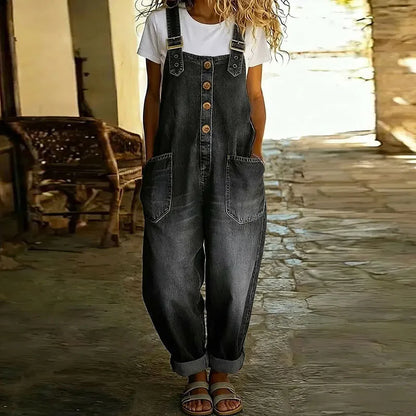 Mara - Pantalone Salopette di Look Denim Vintage in Cotone Morbido con Spalline Regolabili