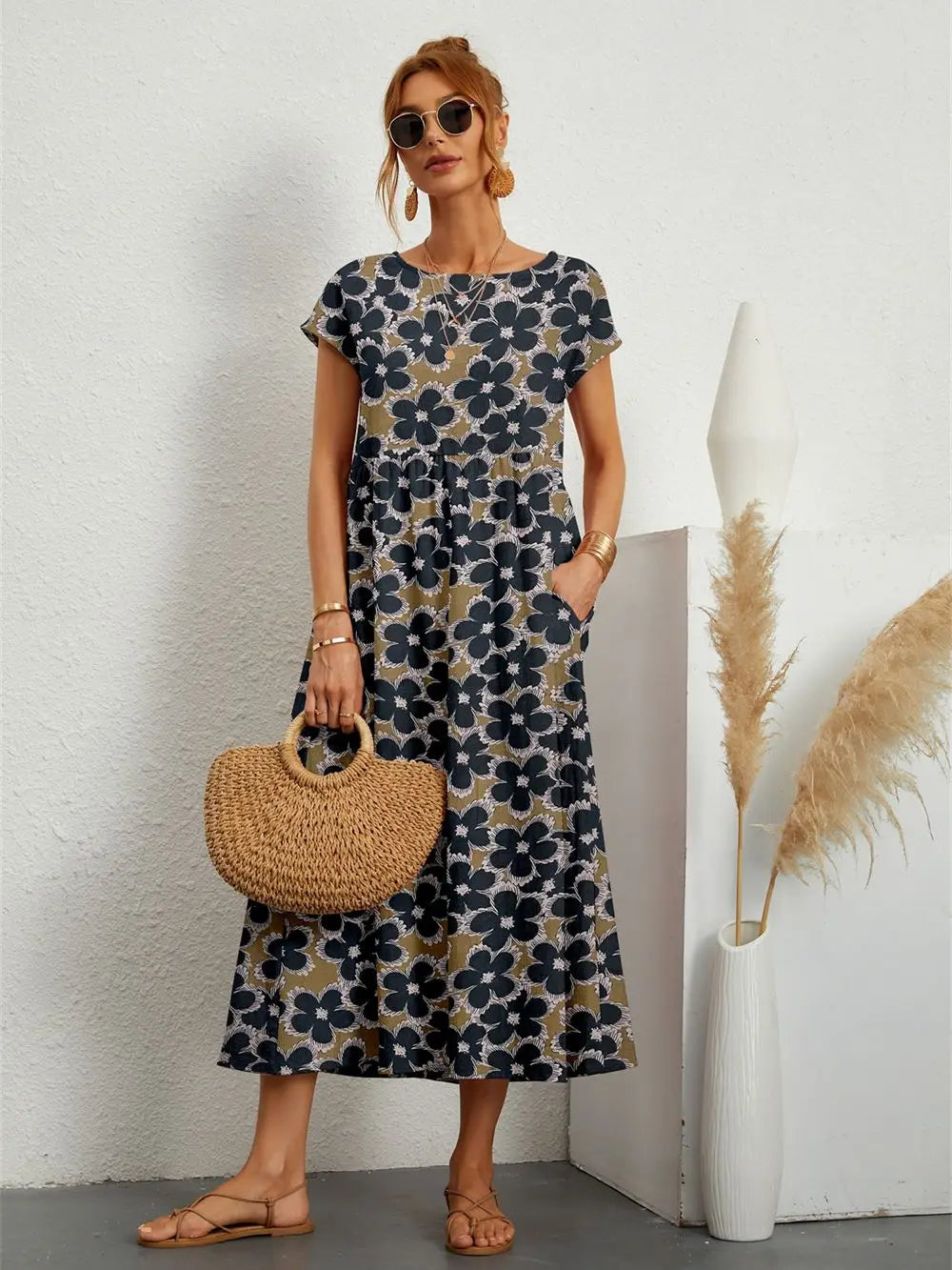 Hannah™ - Abito impreso elegante di collo rotondo con tasche