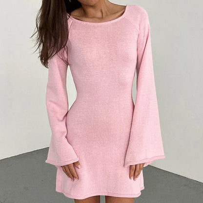 Mini Abito di Maniche lunghe da donna con Scollo Amplio e Puños Acampanados