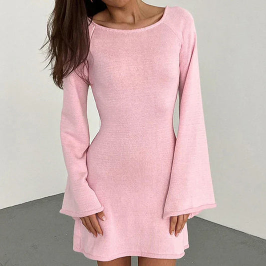 Mini Abito di Maniche lunghe da donna con Scollo Amplio e Puños Acampanados