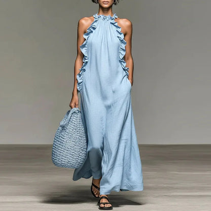 Abito lungo Boho con Collo halter e Volant