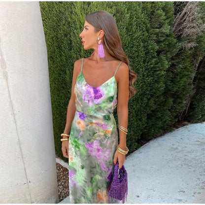 Anisten - Abito maxi Elegante con Stampa Halo-Dye e Foulard Rimovibile