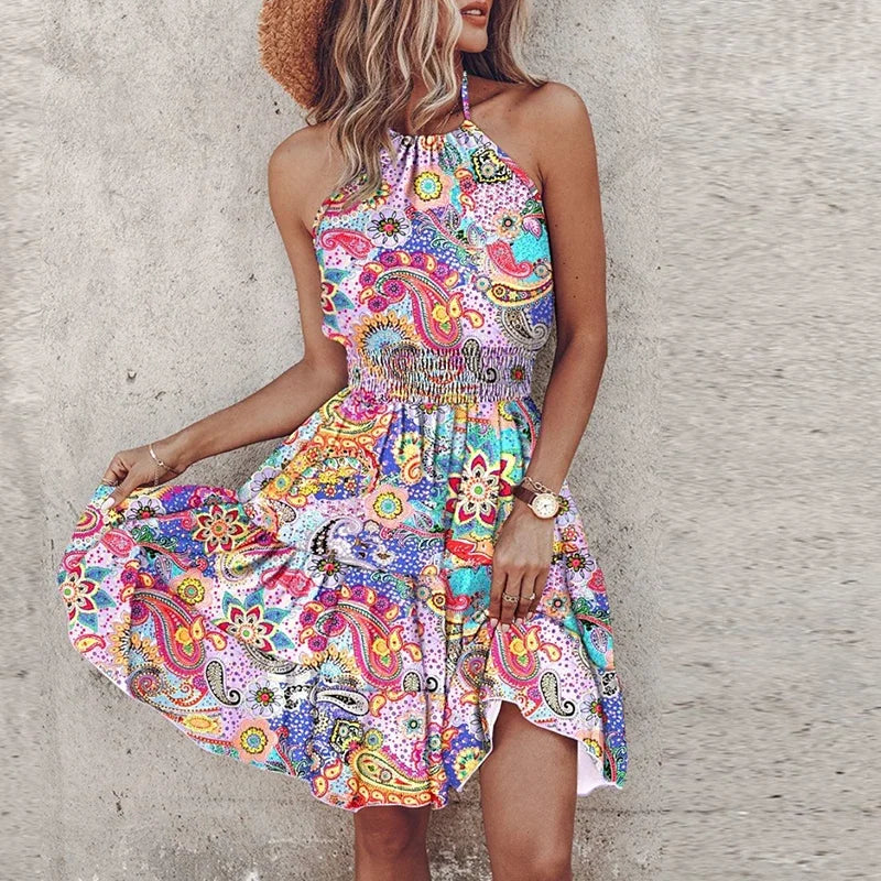 KORA – ABITO MIDI BOHEMIO COLORIDO CON SCOLLO A V