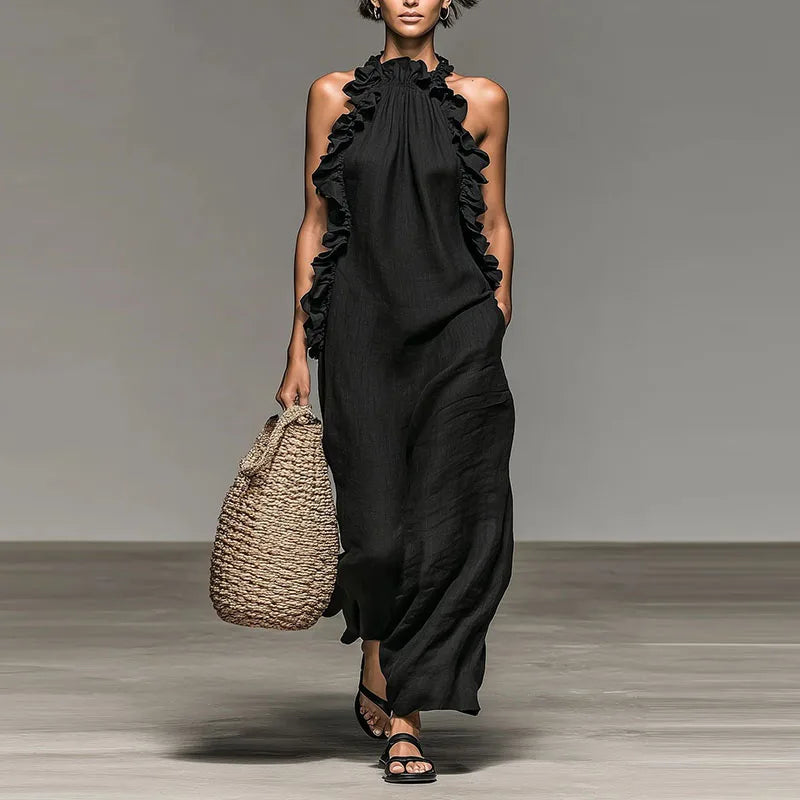 Abito lungo Boho con Collo halter e Volant