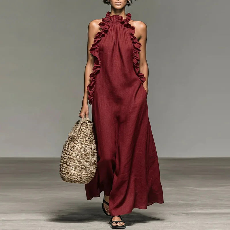 Abito lungo Boho con Collo halter e Volant