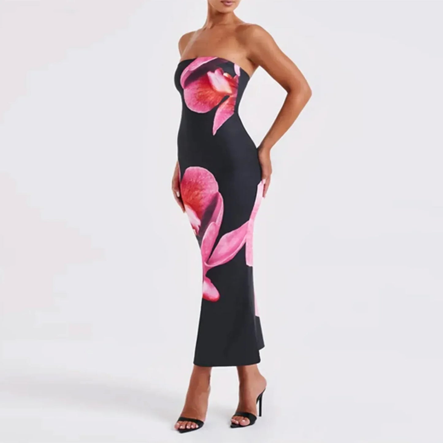 Cardo - Abito Bodycon Off-Shoulder con Stampato di Fiori Vintage