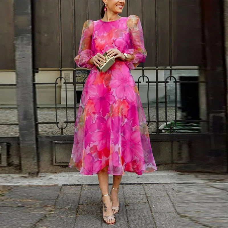 Abito midi Floreale a maniche lunghe per Donna con Maniche a palloncino Transparentes