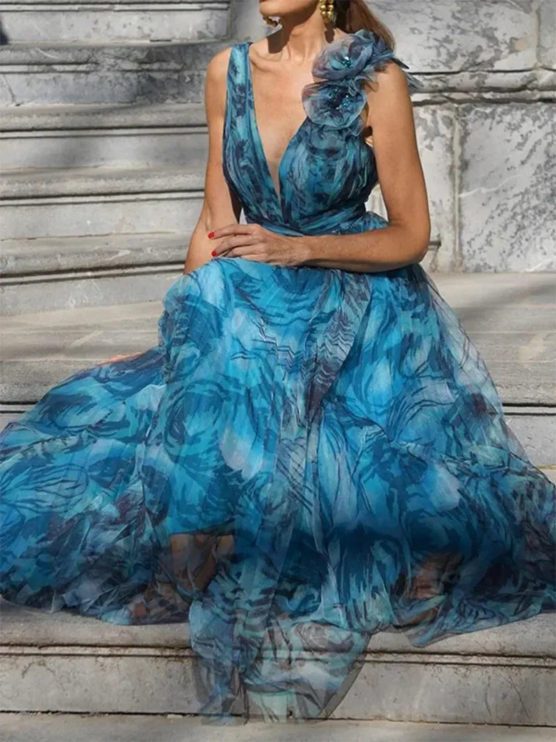 Léna | Abito Maxi Blu Pavo Real