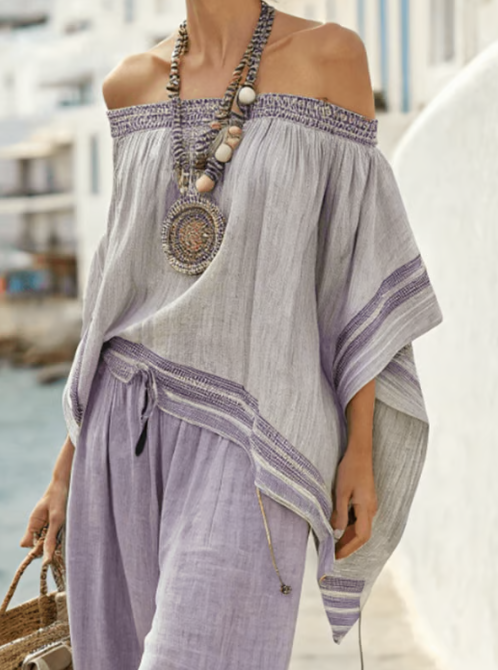 Set due pezzi in lino con design off-the-shoulder