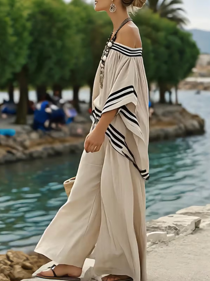 Set in lino off-shoulder con eleganti righe