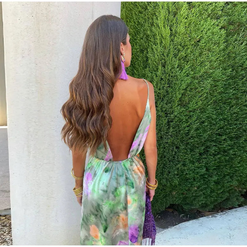 Anisten - Abito maxi Elegante con Stampa Halo-Dye e Foulard Rimovibile