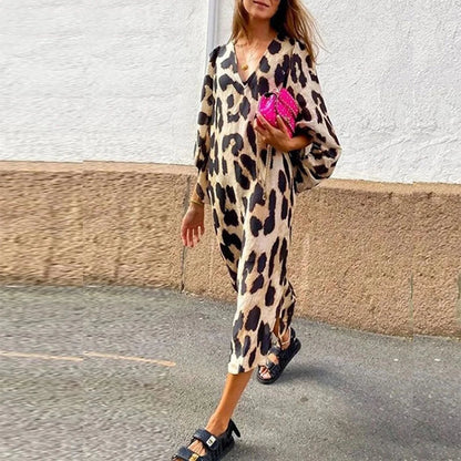 Zarina | Abito maxi di Collo a V con Stampalleopardata