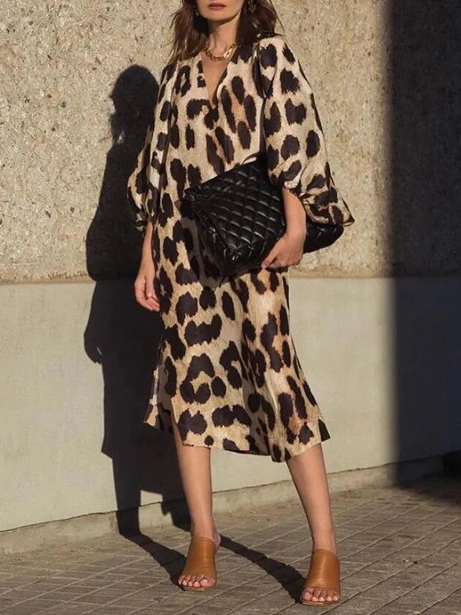 Zarina | Abito maxi di Collo a V con Stampalleopardata