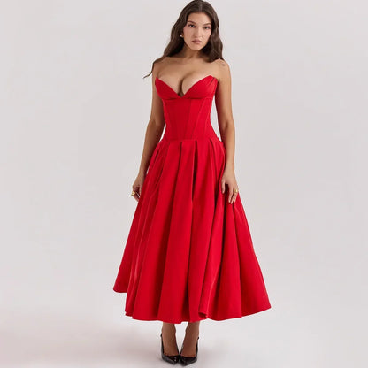 Aria – Elegante Abito midi Plissettato Senza Spalline
