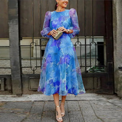 Abito Midi Floreale di Maniche lunghe da donna con Maniche Abullonadas Transparentes