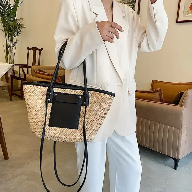 Torborg | Borsa Elegante di paglia con acentos di pelle