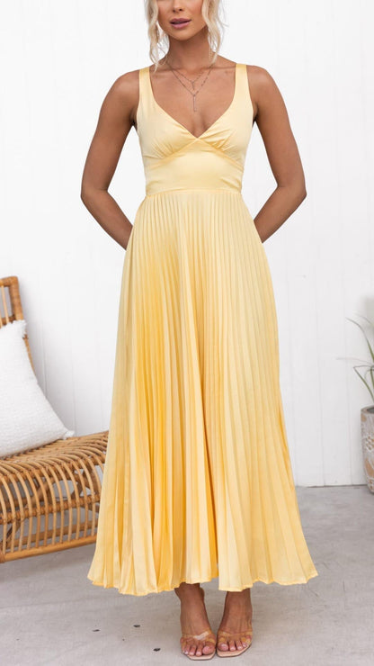 Aby - Abito Maxi Giallo con Pieghe e Scollo a V