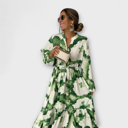 Melina - Abito Maxi Verde con Maniche lunghe e Scollo a V