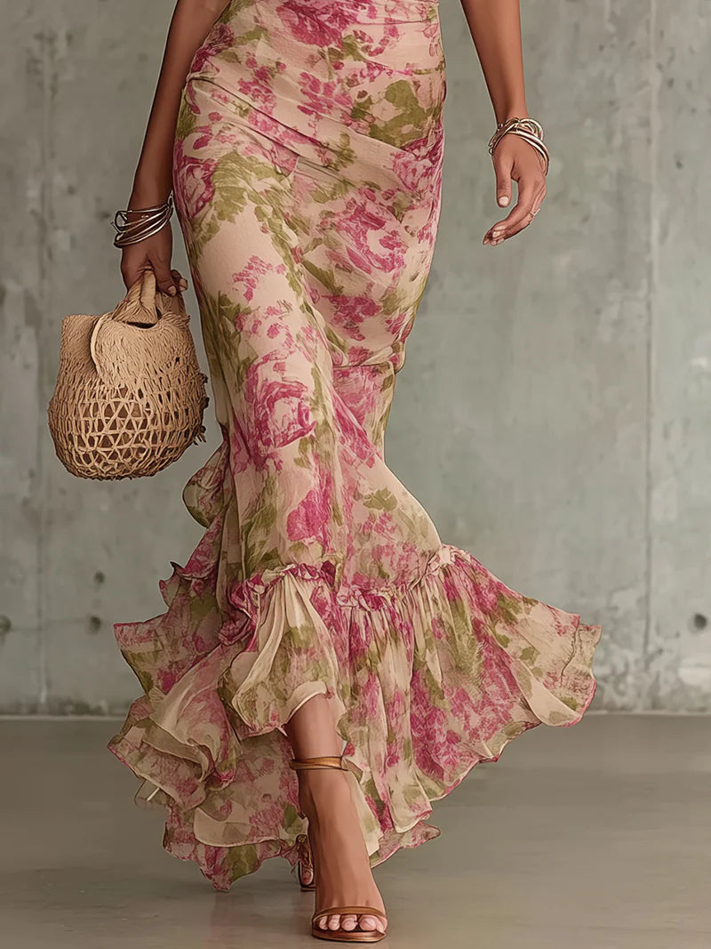 Fiora - Abito lungo con stampa vintage di rosas e maniche a sbuffo