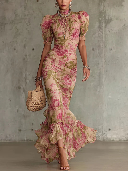 Fiora - Abito lungo con stampa vintage di rosas e maniche a sbuffo