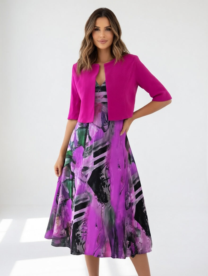 Abito midi Fluido con Bolero - Stampa Artistico Elegante