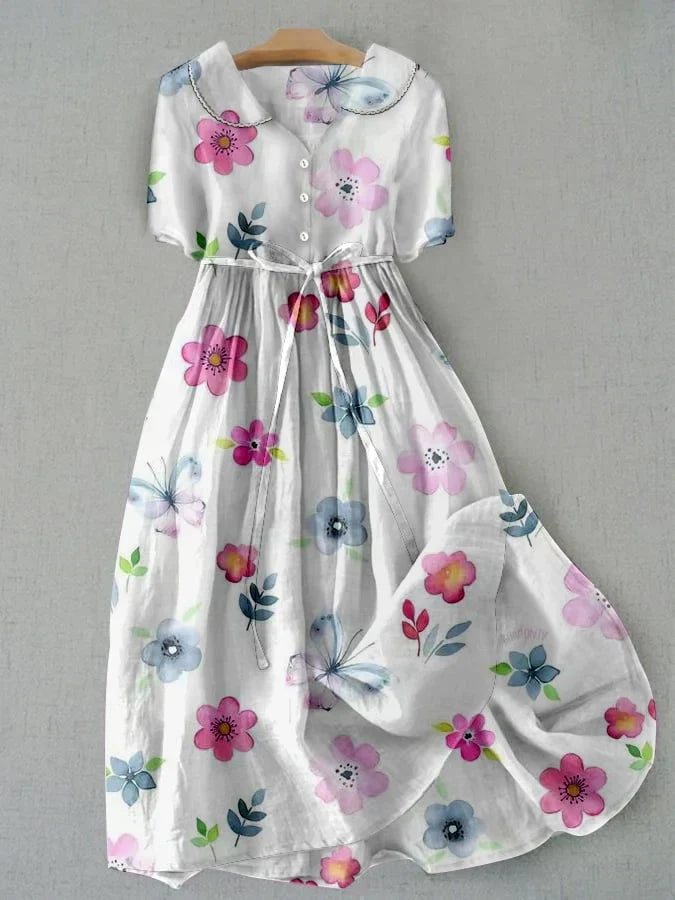 Abito floreale da donna - Stile di Estate in Cotone-Lino Traspirante