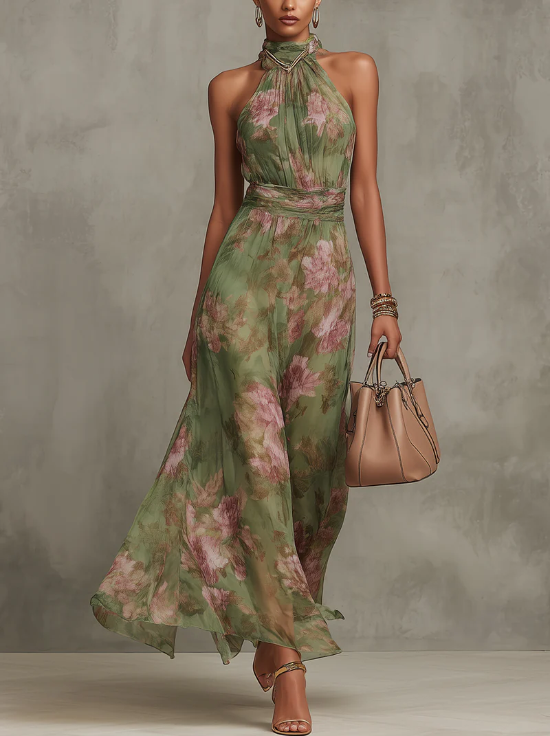 Serena | Elegante abito lungo floreale fluido che valorizza la silhouette