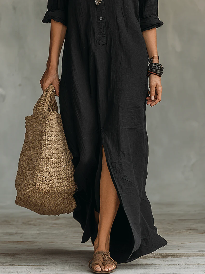 Soline™ | Abito maxi nero fluido con bottoni