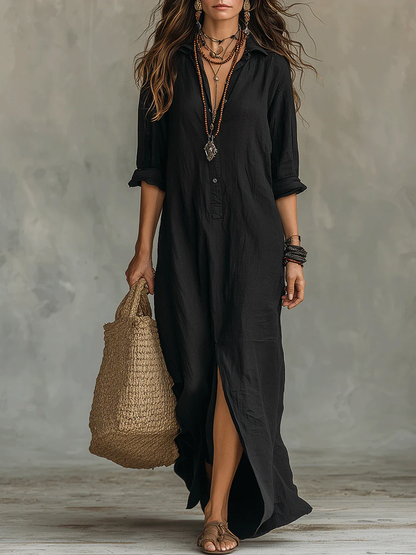Soline™ | Abito maxi nero fluido con bottoni