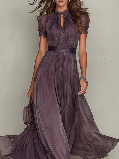 Flavia • Abito lungo viola con scollo a goccia, bordo in pizzo in chiffon
