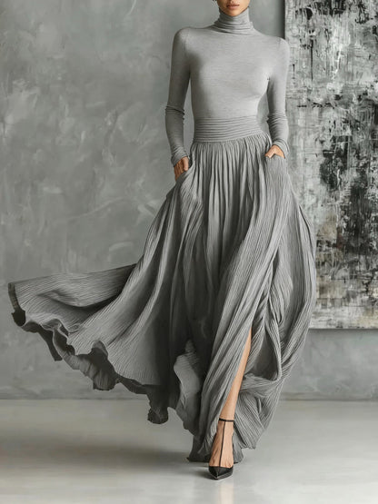 ALINA – ELEGANTE ABITO MAXI CON COLLO ALTO E FLUIDO