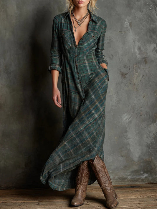 Harper - Abito Camisón Maxi a Quadri Western