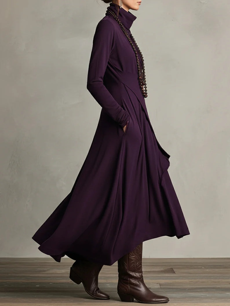 Abito maxi Viola con Collo alto e Drapado Asimmetrico