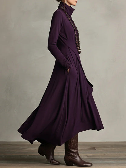 Abito maxi Viola con Collo alto e Drapado Asimmetrico