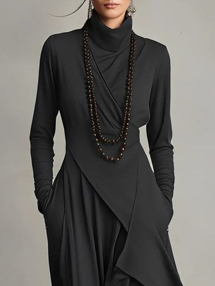 Abito maxi Viola con Collo alto e Drapado Asimmetrico