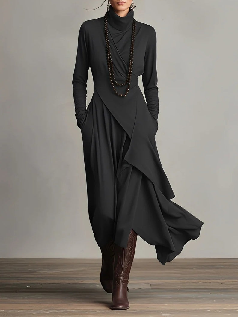 Abito maxi Viola con Collo alto e Drapado Asimmetrico